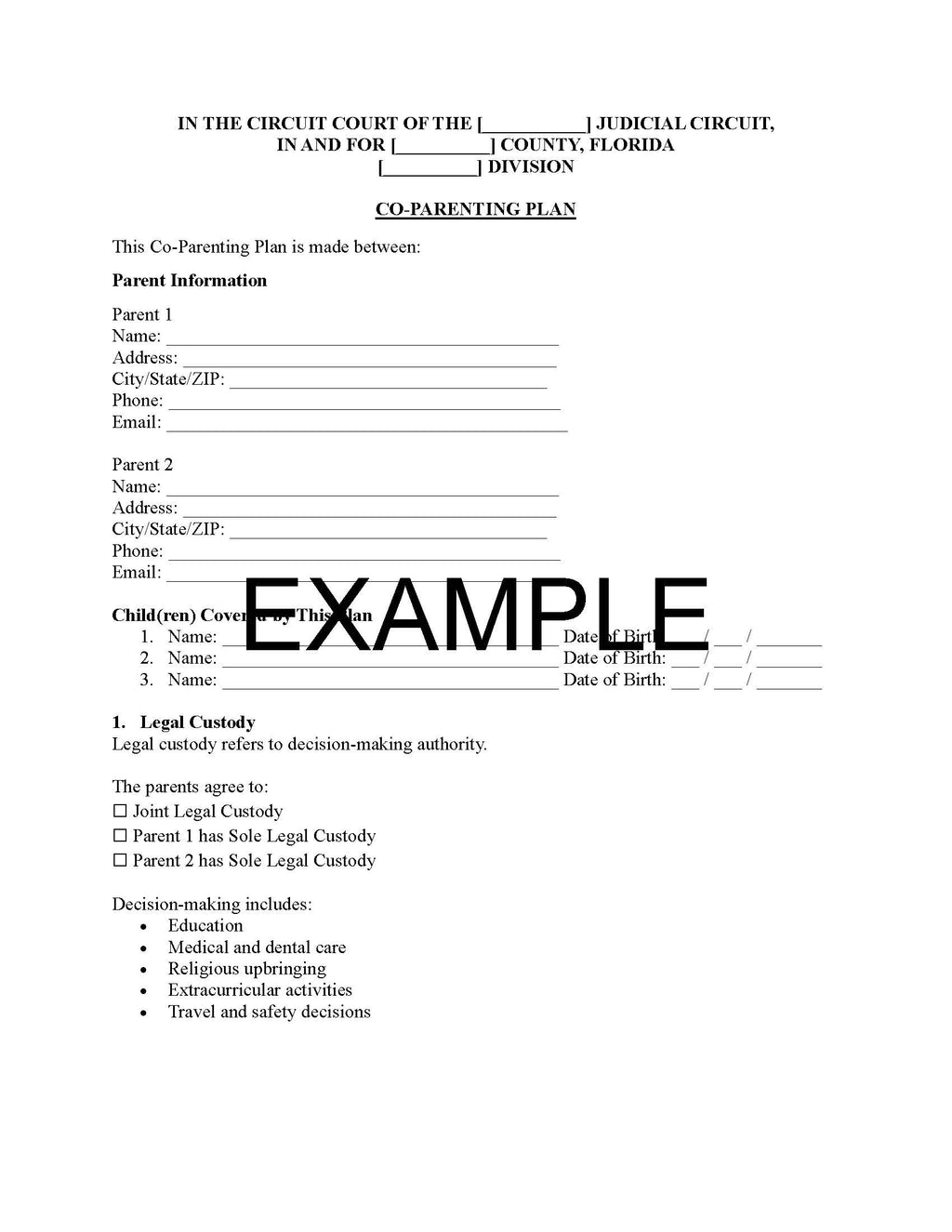 Co-Parenting Plan Template – Shared Custody Agreement Form | Editable Word & PDF