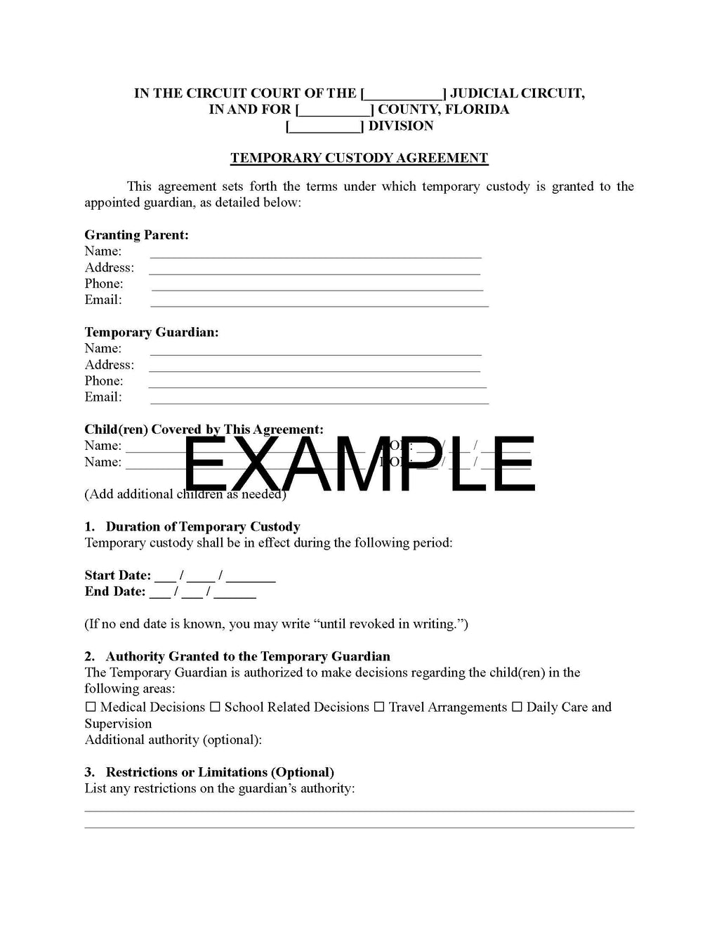 Temporary Custody Agreement Template – Short-Term Child Custody Form | Editable Word & PDF