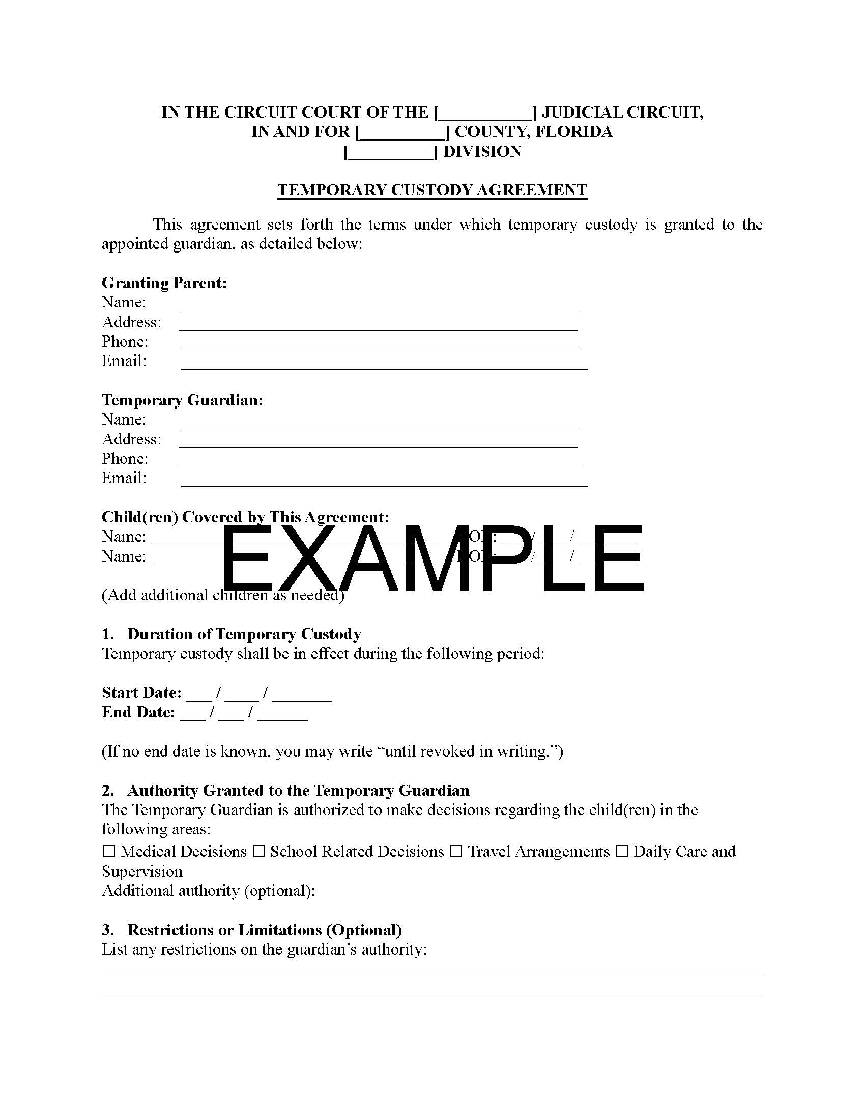 Temporary Custody Agreement Template – Short-Term Child Custody Form | Editable Word & PDF
